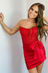Sexy Strapless Red Homecoming Dress Short Lace Summer Dress Mychicdress